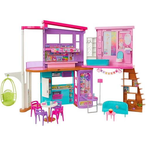 Barbie Casa Malibu Casa de bonecas dobrável 2 andares com 6 quartos e móveis, inclui 30 acessórios, brinquedo de presente + 3 anos (Mattel HCD50)