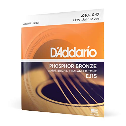 D'Addario Cordas de guitarra acústica - cordas de guitarra - cordas de guitarra acústica - EJ15 - extra leve, 10-47 - pacote de 1 pacote, 1 pacote, extra luz, 10-47
