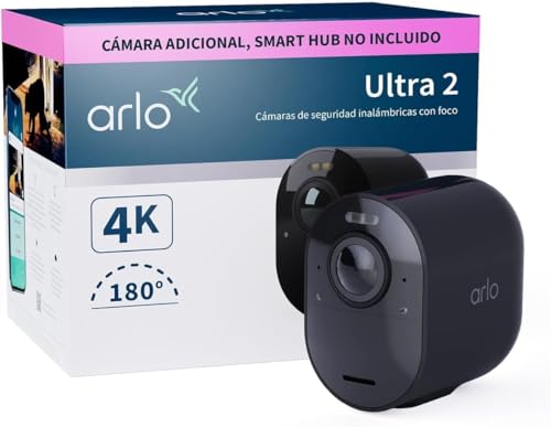 Arlo Ultra 2 câmara de vigilância WiFi exterior 4K, câmara de vigilância WiFi interior, sensor de movimento, alarme para casa, requer hub inteligente vendido separadamente, câmara adicional, preta