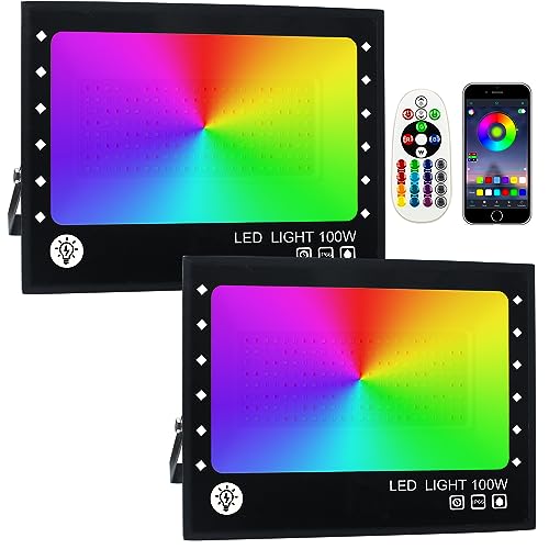 Foco LED RGB 100 W, OUSIDE Projetor LED RGB para exterior, com controlo remoto IP66, impermeável, RGB Floodlight, 16 milhões de cores 28 modos para jardim, terraço, Halloween (2 unidades)