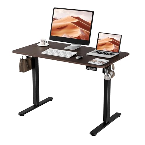 ERGOMAKER Secretária elétrica elevável, 110 x 60 cm, mesa levantável com placa de junção, mesa de secretária ajustável para escritório e casa, nogueira preta