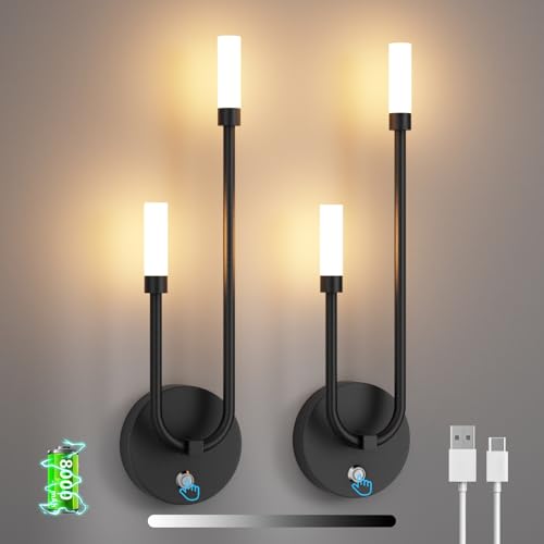 Aipsun 2 peças apliques LED de interior, 8000 mAh, aplique interior de bateria de 8 W sem conexão elétrica, regulável preto, 550 LM 3000 K, para corredores, escadas, quartos, sala de estar, apliques