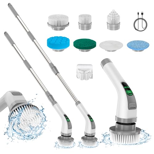 Limpador rotativo elétrico, escova de limpeza elétrica 7 em 1, limpeza potente de 360 rpm, depurador de casa de banho de 1,5 horas de velocidade dupla com braço de extensão para cozinha, carro,