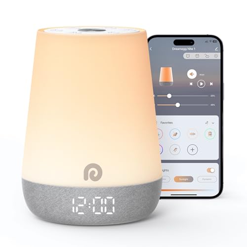 Dreamegg Nite 1 Máquina de ruído branco bebé forma de hábitos de sono, App Control som branco bebé com 34 sons calmantes, despertador luz natural, relógio para crianças música relaxante