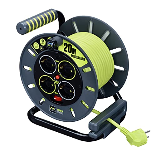 Masterplug Pro-XT Enroladores de bobina de cabo aberto de quatro tomadas com alça de enrolamento, interruptor térmico e interruptor de energia, cabo de alta visibilidade de 20 metros