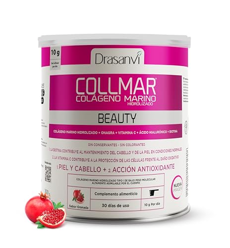 DRASANVI COLLMAR BEAUTY COLAGENO Ácido HIALURONICO Colágeno marinho hidrolizado com vitamina C natural e biotina, Beauty Collagen pele bonita e hidratada, sabor romã, 300 GR= 30 dias