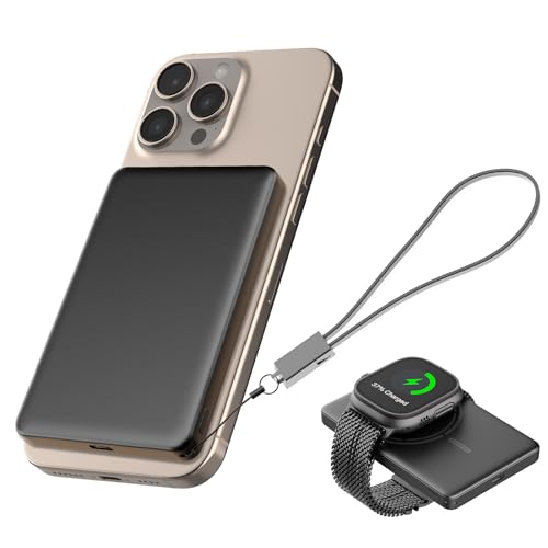JUOVI Bateria externa de carregamento rápido para MagSafe Power Bank 5000 mAh pequena bateria portátil PD20 W magnética bateria externa com cabo USB-C para iPhone 16 15 Airpods i-Watch (preto, 20 W)