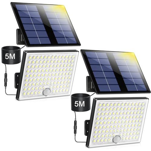 Realky Candeeiro solar exterior com sensor de movimento, holofote 113 LEDs 2000 mAh 4 modos, luz potente LED para jardim com cabo de 5 m, 2 peças