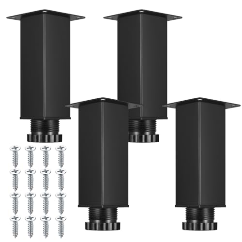 4 peças pernas para móveis reguláveis de 0 a 15 mm, pernas reguláveis para móveis, pés de nivelamento, pernas para móveis mesa cadeira sofá, cama pés patins, com 16 parafusos preto/38 x 120 mm