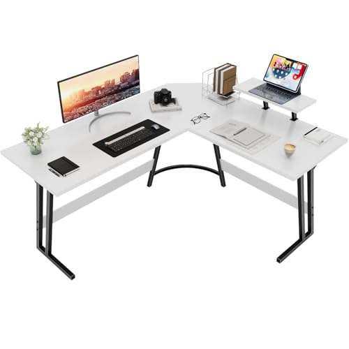 Devoko Secretária de jogos de canto, 150 x 130 cm, mesa Gamer em forma de L com suporte de monitor, gancho para auriculares, para estúdio, escritório, jogo, quarto (branco)