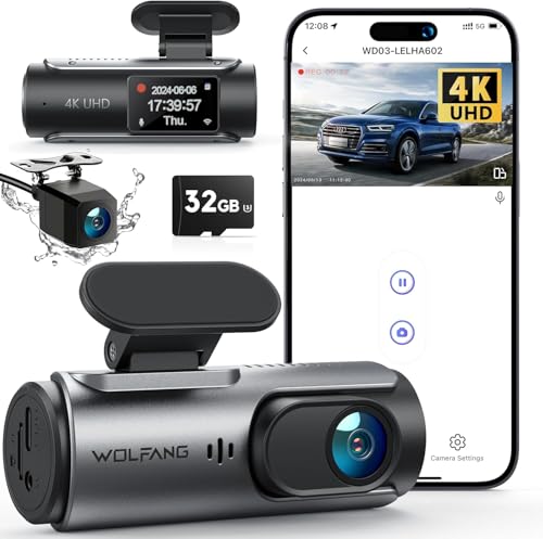 WOLFANG Câmara de carro frontal e traseira 4K UHD, cartão 32 GB SD incluído Dashcam de lente dupla para carros de 170º grande ângulo monitor de estacionamento 24H com gravação em loop e sensor G