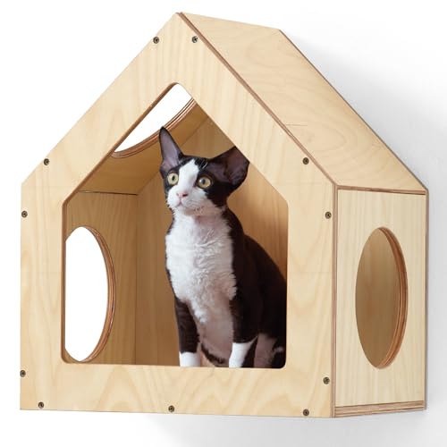 FUKUMARU Casa para gatos montada na parede, 15,5 x 11,8 x 18 polegadas, condomínio de contraplacado de bétula, móveis multiusos para gatinhos, design elegante, parede para gatos de bricolage
