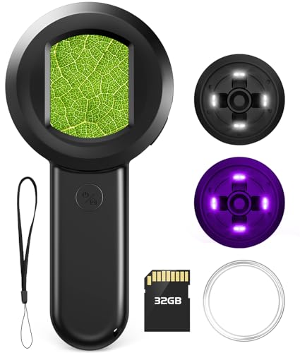 WADEO Microscópio para crianças, lupa portátil de mão com ecrã IPS de 2 polegadas, mini microscópio infantil com 8 luzes LED e cartão de memória 32G, compatível com Windows e Mac