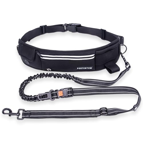 PORTENTUM Trela desportiva para cão mãos livres, 68 a 179 cm, ideal para corrida, caminhadas e passeios ativos, design antipuxões com bolsos e costuras refletores, cor preta