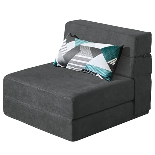 ANONER 70 x 190 cm sofá dobrável poltrona, cama com espuma de memória e almofada, futon sofá-cama para ioga, escritório, sala de estar, estúdio, colchão de chão com capa lavável juntos, cinzento