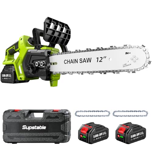 Supstable Motosserra bateria 10000 mAh, 12 polegadas bateria elétrica motor com depósito para óleo e 2 * 5,0 Ah baterias, portátil para podar árvores de jardinagem