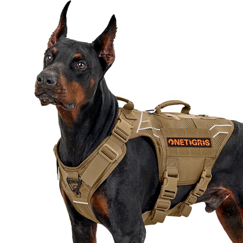 OneTigris Arnês peito antipuxões cães, ar Armor Mesh arnês cão refletor ajustável, tático arnês cão grande médio, com 2 asas e 3 anéis, com sistema molle - castanho M