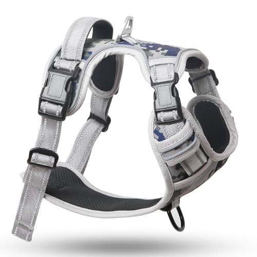 HEELE Arnês cão, arnês antipuxões refletor para cães grande camuflagem ajustável arnês antipuxões com alça acolchoada arnês cão de libertação no pescoço, amo cinzento, XL