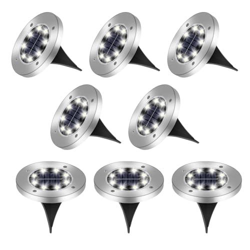 8 Pacotes de luzes solares para o chão, 8 LEDs luz solar exterior e jardim, IP65 impermeável, luzes solares LED exteriores, para relva, terraço, caminho, degrau, calçado, piscina (branco frio)
