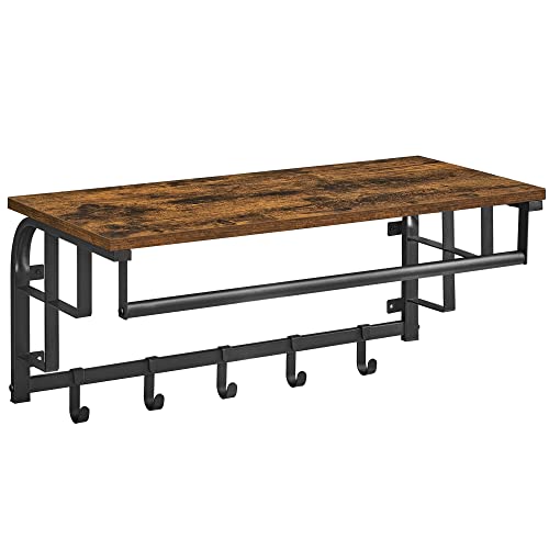 VASAGLE Cabide de parede, cabide suspenso com 5 ganchos removíveis, prateleira montada na parede, barra de pendurar, para corredor, quarto, sala de estar, castanho rústico e preto LCR12BX