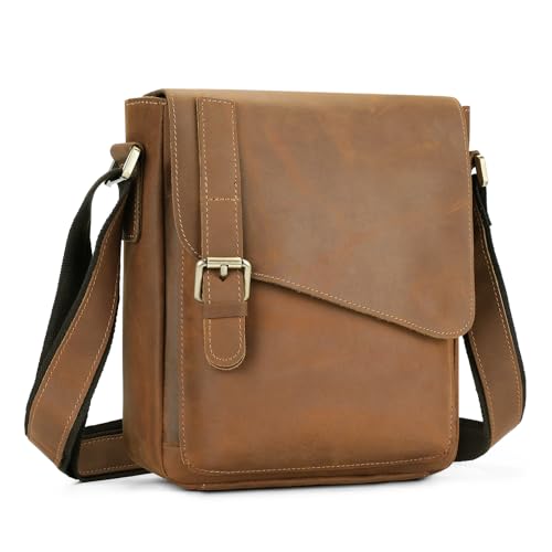 BAIGIO Malas de ombro de pele autêntica para homem, estilo retro, de pele de cavalo louco, para homem, bolsa cruzada castanho café, mala de mensageiro, mala de viagem para telefone, carteira, chaves,