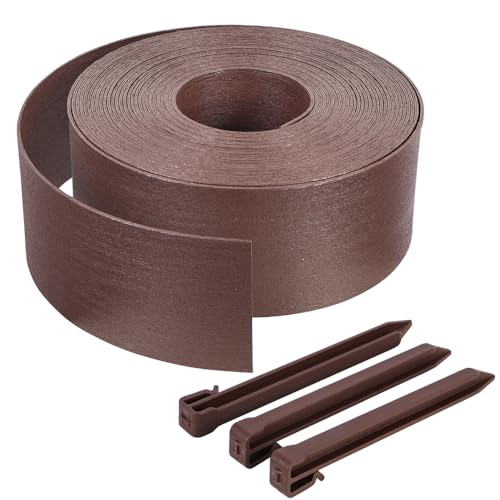 VOUNOT® Borda jardim relva borda, borda escondida flexível de PE aparência natural, comprimento 20 m altura 13 cm espessura 3 mm com 12 estacas de ancoragem, castanho