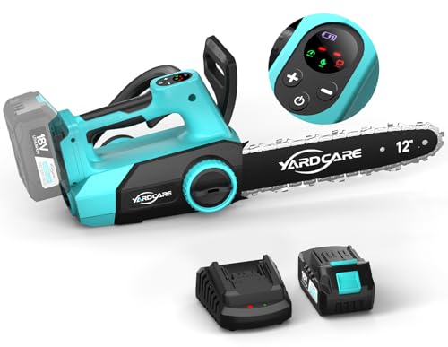 YARDCARE Motosserra a bateria de 12 polegadas com ecrã LED, motor elétrico sem escovas, velocidade de 15 m/s, tensão de corrente sem ferramentas, lubrificação automática, bateria de 4 Ah
