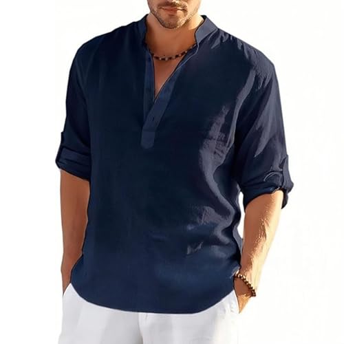 MSIYOW Camisa de linho homem t-shirt de manga comprida camisa branca casual top shirt com botões de verão regular fit