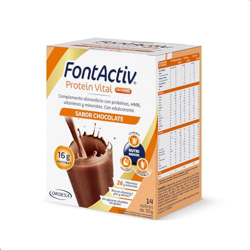 FontActiv Protein Vital Chocolate, 14 saquetas | complemento alimentar com proteínas, HMB, vitaminas e minerais para adultos