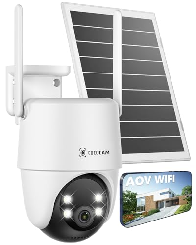 COCOCAM 24/7 Gravação AOV câmara vigilância WiFi exterior solar com 10000 mAh bateria 8 W painel solar, 2 K PTZ, detecção IA, rastreamento IA, visão noturna 30 m, áudio bidirecional, IP66