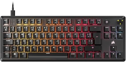 Corsair K70 Core TKL RGB Teclado mecânico Tenkeyless para jogos, interruptores lineares MLX Red v2 pré-lubrificados, SOCD, amortecimento acústico, tampas de ABS, QWERTY ES - preto