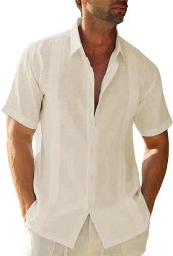 Friptspyg Homem camisa de linho para manga curta estilo casual e ajuste regular Fit Cubana Camp Guiabera camisa de verão