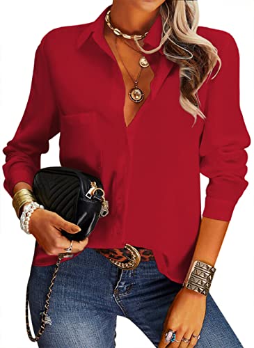 NONSAR Blusa casual elegante para mulher com decote em V, manga comprida e botões, estilo casual e de vestir, corte solto, cor lisa