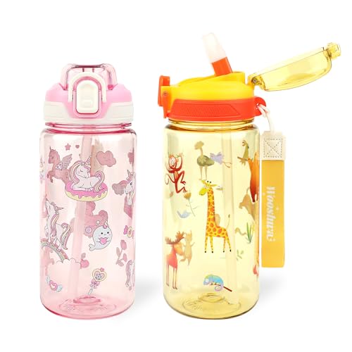 wooshwa Garrafa para beber campus Pop-up, 600 ml, garrafa de água desportiva para crianças, com palhinha, sem BPA e adequada para máquina de lavar louça, animais amarelos e unicórnio rosa para menina)