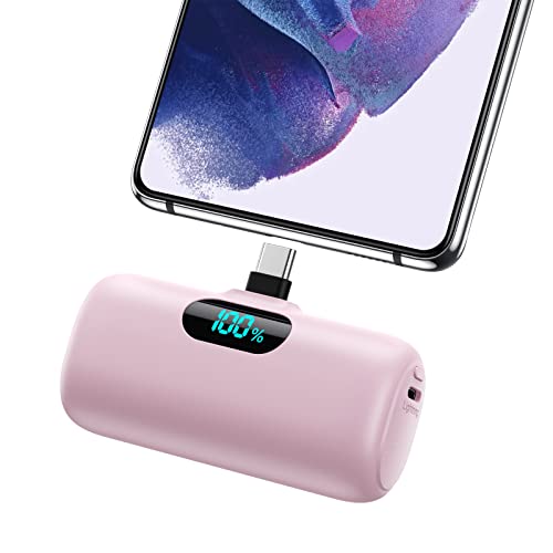Feob Mini Power Bank, 5000 mAh USB C carregador portátil 15 W PD carregamento rápido bateria externa compacto Powerbank com ecrã LCD compatível com iPhone 16/15 Pro Samsung USB C telefones etc-rosa