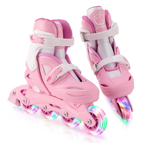 LOCAVUN Patins em linha, 4 tamanhos ajustáveis com rodas que brilham no escuro, patins em linha para crianças para uso interno e externo