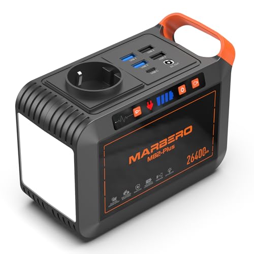 MARBERO Estação de energia portátil de 98 Wh recarregável com tomada CA 120 W máximo 26400 mAh com lanterna LED, tomada, USB A, USB C PD 18 W, CC para atividades ao ar livre, energia de emergência