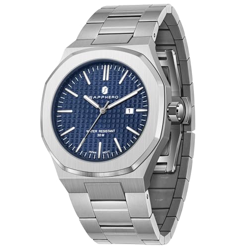 SAPPHERO Relógios masculinos octogonal 10ATM impermeável negócios casual moda homens japonês de quartzo de aço inoxidável luminoso relógio de pulso de presente para homens