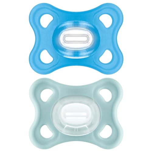 MAM Chupeta de silicone total, 3-12 meses, com étina simétrica, extra pequena e gola fina de silicone Skin Soft Silicone de fácil aceitação, com caixa auto-esterilizadora, MAM Comfort, azul, 2