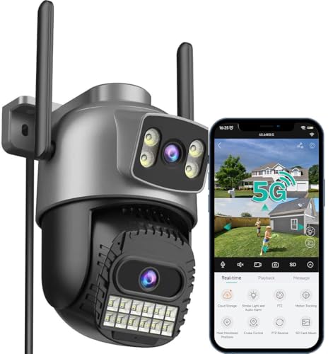 ANBIUX 2 K/6 MP Câmara de vigilância WiFi exterior, 2,4/5 Ghz WiFi 360° PTZ, câmara de vigilância com lente dupla, visão noturna colorida, rastreamento inteligente, áudio bi-direcional, IP66, TF/nuvem
