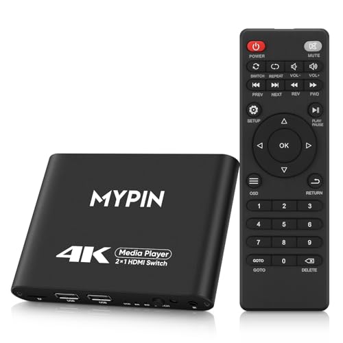 MYPIN Reprodutor multimédia 4K com função de comutador HDMI de 2 entradas, 1 saída, comutação automática com controlo remoto, o Media Player suporta reprodução em loop/automática/retomada