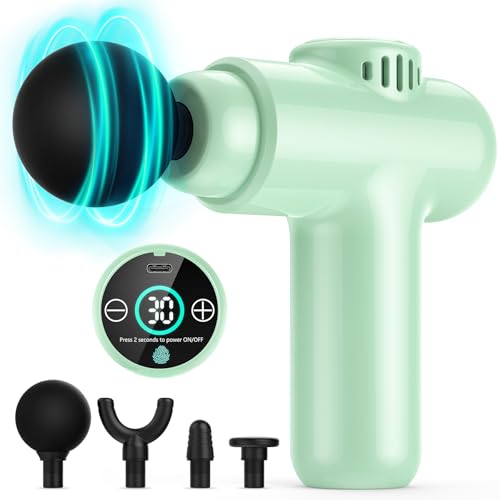 Pistola de massagem, Lefity Mini pistola de massagem, tecido profundo, massajador portátil, 30 velocidades, ecrã táctil LCD, pistola de massagem para dores musculares e rigidez (verde)