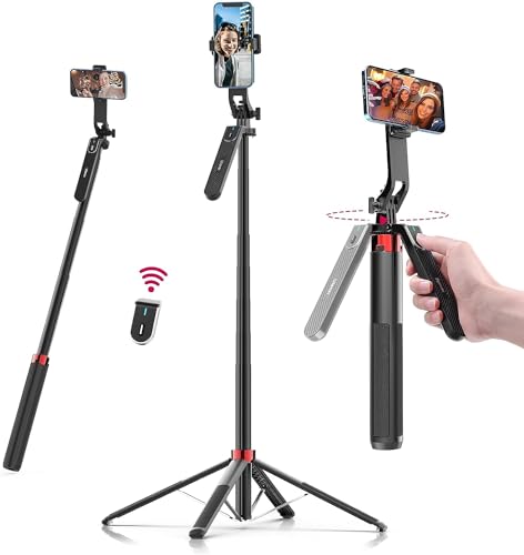 180 cm Tripé para telemóvel, Ulanzi Selfie Stick Quad tripé com controlo remoto, rotação de alumínio extensível tripé de pé de 360 °, compatível, iPhone, Samsung, Xiaomi