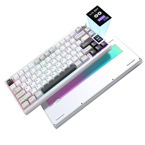 YUNZII AL80 Teclado mecânico sem fio, Full alumínio CNC, smart LCD Display, Hot Swappable Gasket Mount 75% Layout with Knob, BT/2,4 G/USB-C, QMK/Via Suporte para Win/Mac (Silver, Cocoa Cream v2)