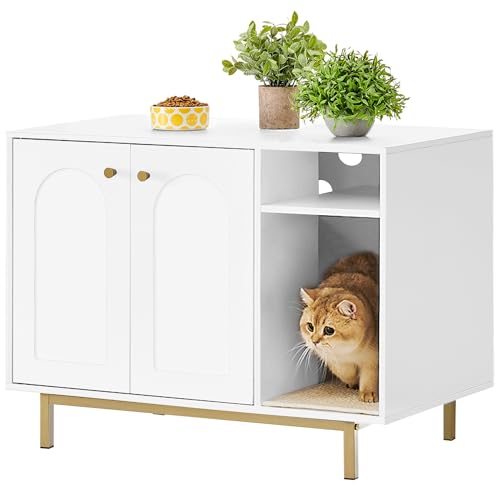 Hzuaneri Armário para gatos, móveis de areia para gatos, caixa de areia, móvel de areia, casa para gato com porta e divisória separada, 50 x 80 x 61 cm, pernas altas, branco e dourado 01503GCLB