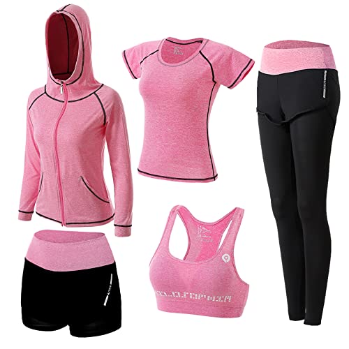 ZETIY Conjuntos de fato de treino para mulher, 5 peças, fato de ioga completo, conjuntos desportivos para Fitness Running Jogging, exercício no ginásio