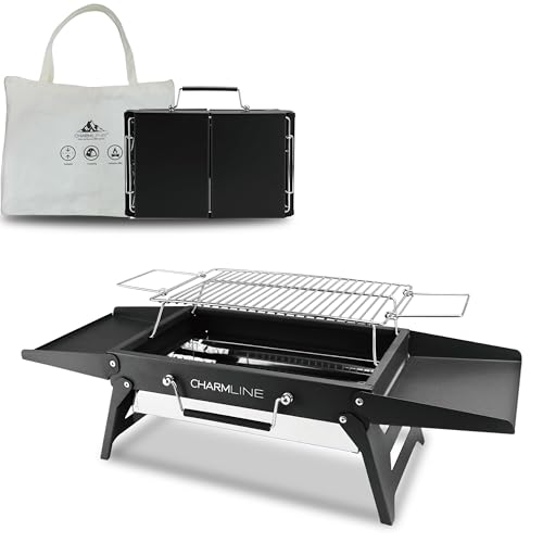 Charmline 35 * 23 cm churrasqueira de carbono portátil dobrável, churrasqueira portátil para uso no exterior, grelha para churrasco para campismo, piqueniques, jardins e festas na praia, preto