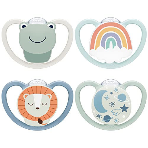 NUK Space Day & Night chupeta 0-6 meses | Chupetes que brilham no escuro com ventilação adicional para peles sensíveis, silicone sem BPA, sapo e leão, 4 unidades