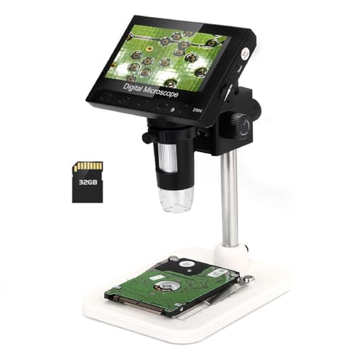 WADEO Microscópio portátil com visualização de PC, microscópio digital LCD de 4,3 polegadas 720P 1000X, microscópio digital USB com 8 luzes LED ajustáveis e suporte de metal, compatível com MacOS