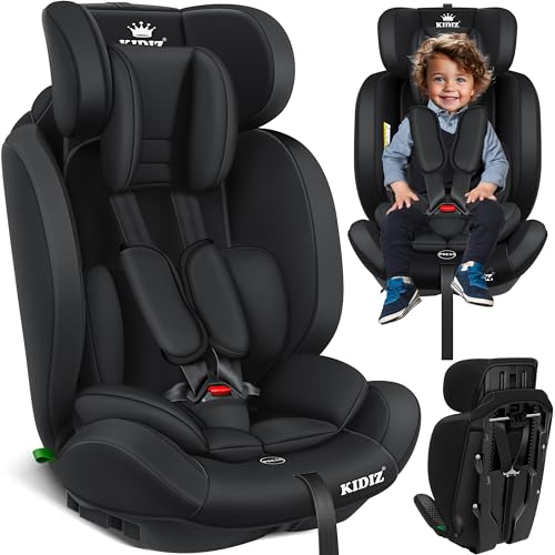 KIDIZ® Cadeira de automóvel, grupo 1 + 2 + 3/9-36 kg, arnês de segurança de 5 pontos, encosto de cabeça ajustável, assento elevador de crescimento 1-12 anos, estável e segura, básico